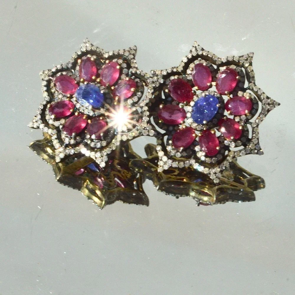 Genuine Ruby Sapphire Pave Diamond Gold Vermeil Sterling Silver 925 Earrings